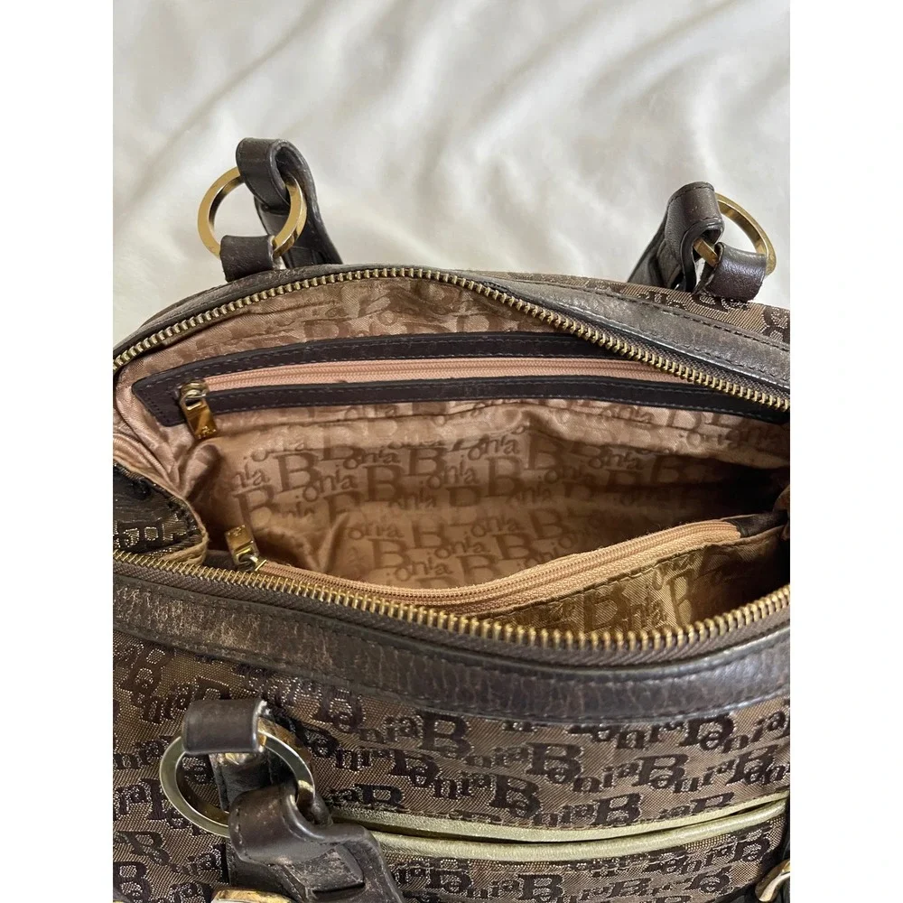 Bonia Monogram Canvas Satchel Bag Brown Leather Trim Gold Hardware Studded